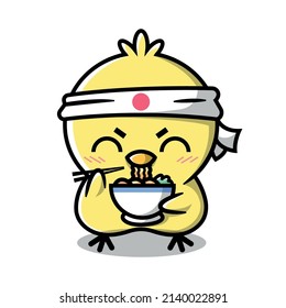 A CUTE YELLOW CHICKEN IS WEARING JAPANESE HEADBAND AND EATING RAMEN NOODLE. CARTOON MASCOT DESIGN.