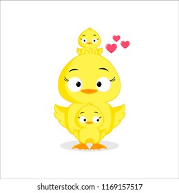 Cute yellow chickens cartoon on white background. Vector illustration.
