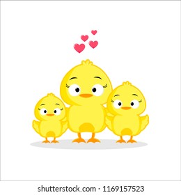 Cute yellow chickens cartoon on white background. Vector illustration.