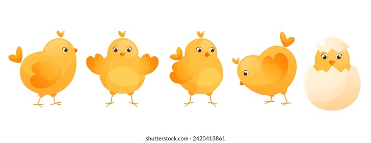 Cute yellow chickens in different poses for Easter design.