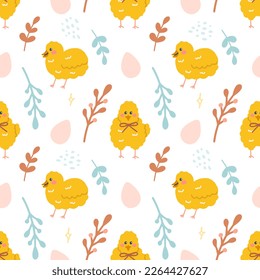 Cute yellow chickens with Easter eggs, twigs, vector seamless pattern