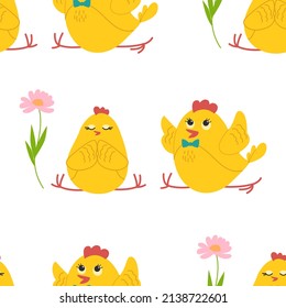 Cute yellow chicks in different poses seamless pattern, birds and flowers, butterflies. Vector illustration.