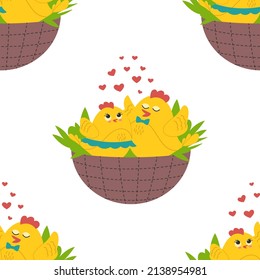 Cute yellow chicks in different poses seamless pattern, birds and flowers, butterflies. Vector illustration.