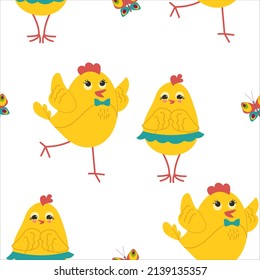 Cute yellow chicks in different poses seamless pattern, birds and flowers, butterflies. Vector illustration.