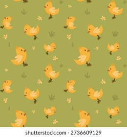 Cute Yellow Chicks and Flowers Seamless Pattern for easter time with grass