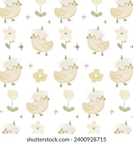 Cute yellow chicks with hats and ribbons in watercolor style pattern