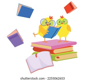 cute yellow chicks reading a book