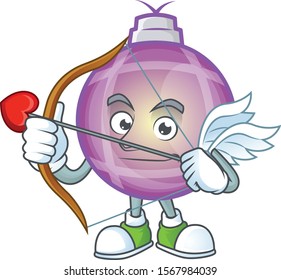 Cute yellow christmas ball on a cupid cartoon character with arrow and wings.