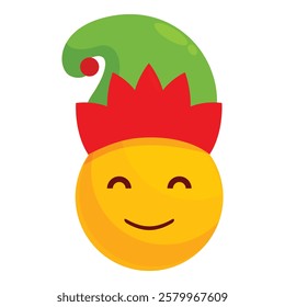 Cute yellow christmas emoji wearing a green and red elf hat, perfect for holiday themed projects