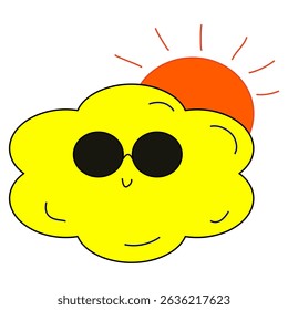 A cute yellow cloud with sunglasses and smiling face is in front of bright orange sun, creating cheerful and playful summer scene