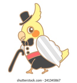 cute yellow cockatoo wears magician uniform with cane mascot character cartoon