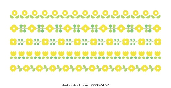 Cute, yellow colored flower and green leaf concept design deco pattern border. Lines of repeating flowers and leaves.