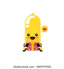 lindo personaje de condón amarillo con regalo romántico en el día del amor