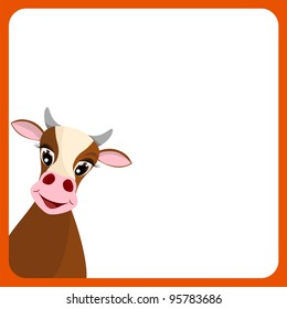 cute yellow cow in empty frame with red border - vector illustration