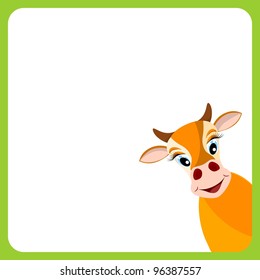cute yellow cow in empty frame with green border - vector illustration