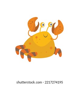 cute yellow crab striped legs happy and funny cartoon character. illustration vector graphic aquatic osean animal, underwater environtment