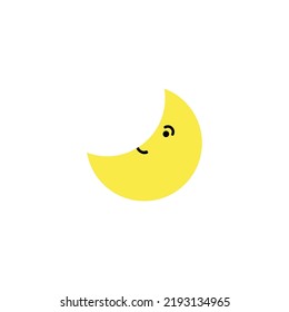 Cute yellow crescent moon with emoji face smile on white background.Vector illustration of weather, forecast, dream.