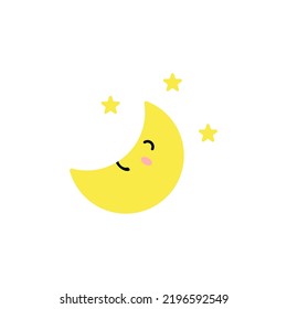 Cute yellow crescent moon with emoji face smile and star at night on white background.Vector illustration of weather, forecast, dream.