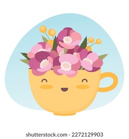 Reine gelbe Tasse mit rosafarbenen Blumen. Cartoon-Charakter im flachen Stil. Schöne Illustration zum Muttertag oder Geburtstag Grußkartendesign. Ein fröhliches Lächeln. Positive Emotionen