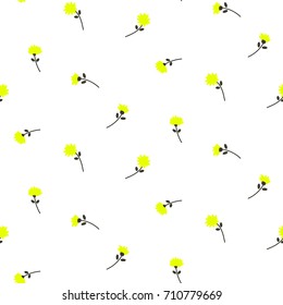 Cute yellow dandelion flowers seamless vector pattern. Bright yellow on white colors repeat nature background for print.
