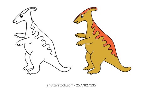 Cute yellow dinosaur character. Editable stroke. Coloring page template. Design element for print, greeting card, invitation, book. Isolated vector illustration