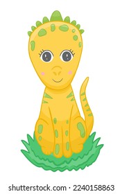 Cute yellow dinosaur in hand drawn cartoon style