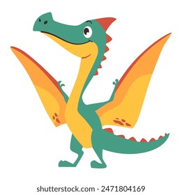 Cute yellow dinosaur pterosaur in simple child style on white background, flat vector illustration 