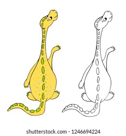Cute yellow dinosaur is standing and looking up on the white background, children`s coloring book, page, funny dino, vector line art, black color outline, kid`s illustration