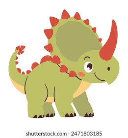 Cute yellow dinosaur triceratops  in simple child style on white background, flat vector illustration 