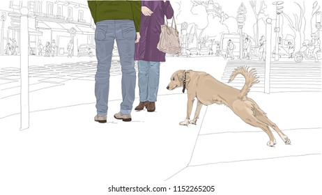 Cute yellow dog stops to stretch while out for a walk in the city, on a busy street. Hand drawn vector illustration.