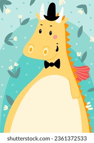 Cute yellow dragon in an old style hat and bow tie with flowers on the background. Scandinavian flat style animal. Doodle summer vector illustration.