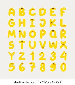 Cute Yellow Duck Alphabet and Number Character Set Illustration. Perfect for kids’ educational designs, playful typography projects, and alphabet learning visuals.