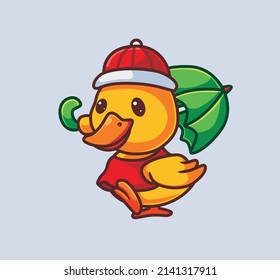 cute yellow duck bring umbrella rain. isolated cartoon animal nature illustration. Flat Style suitable for Sticker Icon Design Premium Logo vector. Mascot Character