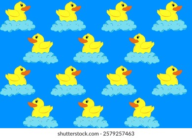 Cute yellow duck in bubbly water on blue background. Rubber duck to water. Cartoon. Vector. Illustration. Doodle design, tile, background, repeat, wallpaper, scarf, isolated, cartoon, blue