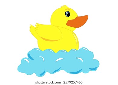 Cute yellow duck in bubbly water on white background. Rubber duck to water. Cartoon. Vector. Doodle design, tile, background, repeat, wallpaper, scarf, isolated, cartoon, illustration, blue