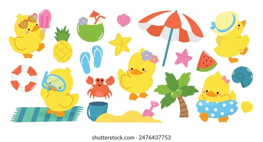 Cute Yellow Duck character summer concept vector. Happy Summer time with sea element duckling,swim ring, crab, coconut tree, pineapple, shell. Tropical illustration design for sticker, decoration.