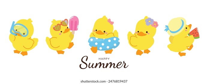 Cute Yellow Duck character summer concept vector. Happy Summer time with sea element duckling, swim ring, crab, watermelon, ice cream. Tropical illustration design for sticker, decoration.