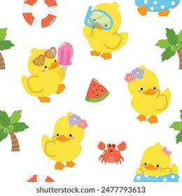 Cute Yellow Duck character summer seamless pattern vector. Happy Summer time with sea element, duckling, swim ring, crab, coconut tree, shell. Tropical illustration design for fabric, decoration.