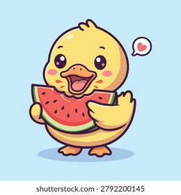 Cute Yellow Duck Eating Watermelon Slice Vector Illustration