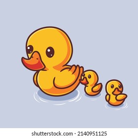 Cute Yellow Duck Family Mom And Children. Isolated Cartoon Animal Nature Illustration. Flat Style Suitable For Sticker Icon Design Premium Logo Vector. Mascot Character