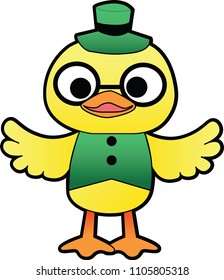 Cute yellow duck with green hat and glasses.