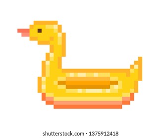 Cute yellow duck inflatable circle, old school 80s-90s 8 bit pixel art icon isolated on white background. Beach party toy. Summer holiday activity. Swimming pool fun. Vacation at the water equipment.