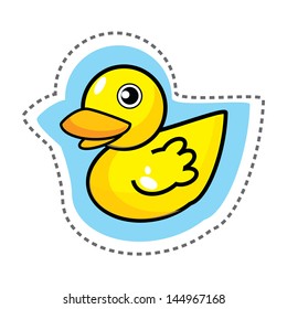 Cute yellow duck on blue sticker, vector illustration