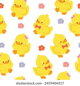 Cute Yellow duck seamless pattern background vector. Animal hand drawn tile wallpaper of duckling, chick, goose in pattern. Cartoon character creative design illustration for fabric, packaging, tiles.