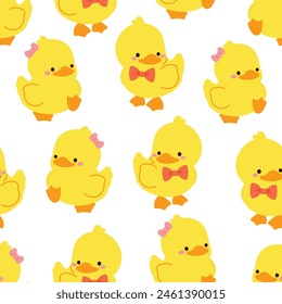 Cute Yellow duck seamless pattern background vector. Animal hand drawn tile wallpaper of duckling, chick, goose in pattern. Cartoon character creative design illustration for fabric, packaging, tiles.