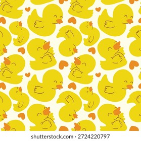 Cute Yellow Duck Seamless Pattern with Hearts
