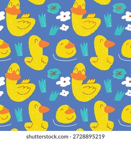 Cute Yellow Duck Seamless Pattern on Blue Background