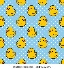 Cute Yellow Duck Seamless Pattern with White Hearts on Pastel Blue Background for Kids and Baby Design