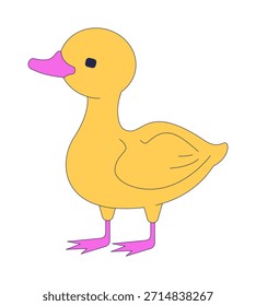 Lindo pato amarillo de pie personaje de dibujos animados 2D. Pájaro bebé. Joven patito charlatán. Granja avícola. Pajarito. Animal de Vector plano de ganado domesticado aislado en blanco. Ilustración de punto colorido