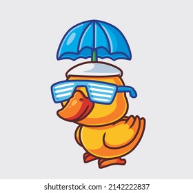 cute yellow duck summer vacation with umbrella and glasses. isolated cartoon animal nature illustration. Flat Style suitable for Sticker Icon Design Premium Logo vector. Mascot Character